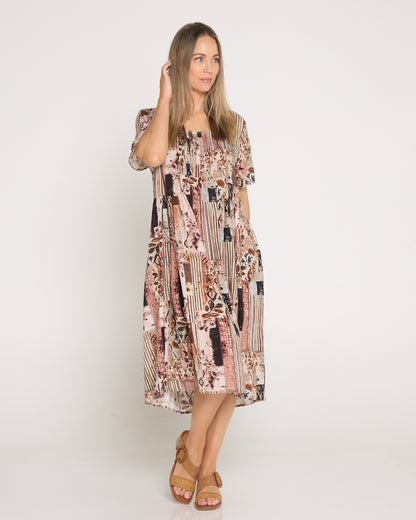 Elora Cotton Dress - Brown Patchwork