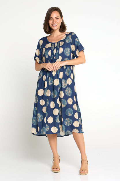 Elora Dress - Navy/Beige Spot