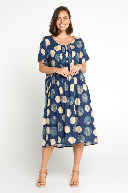 Elora Dress - Navy/Beige Spot
