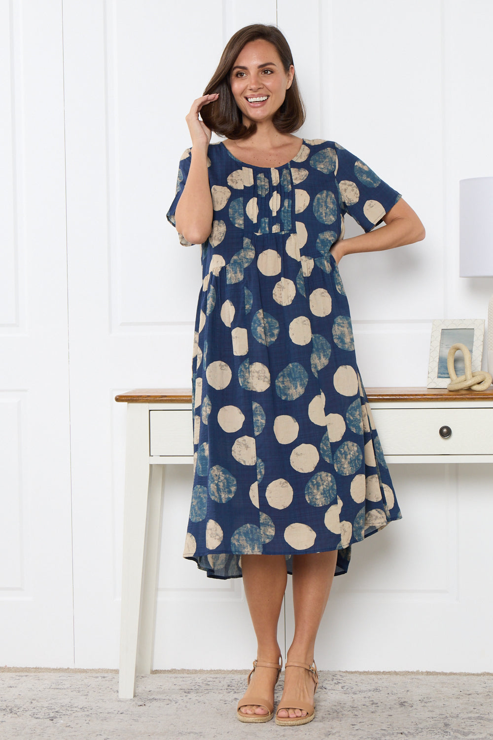 Elora Dress - Navy/Beige Spot