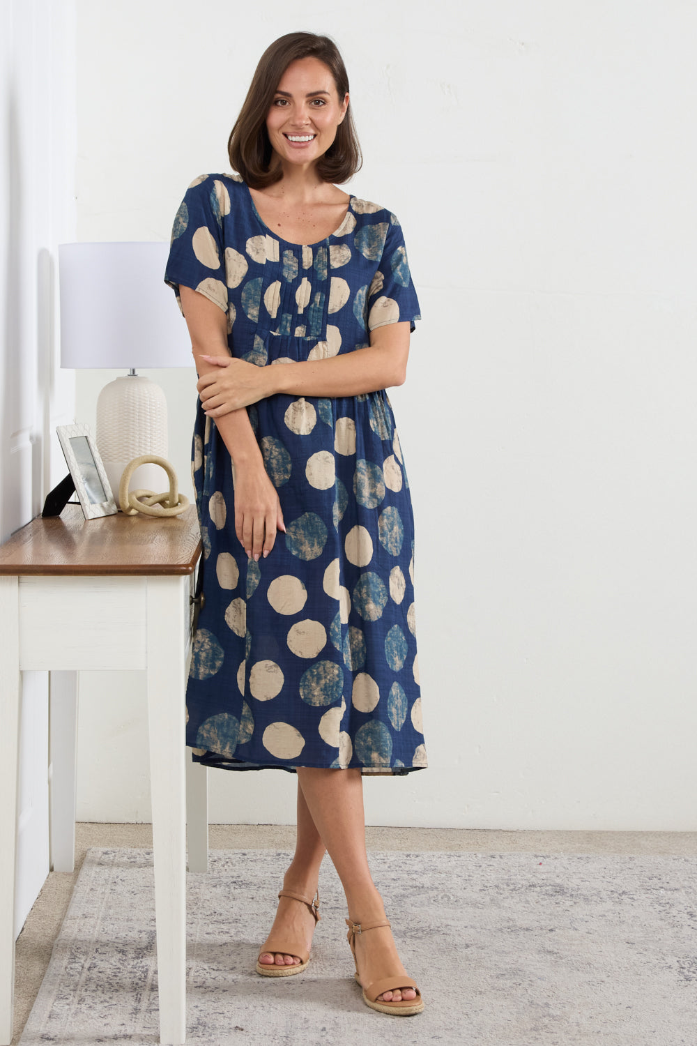 Elora Dress - Navy/Beige Spot