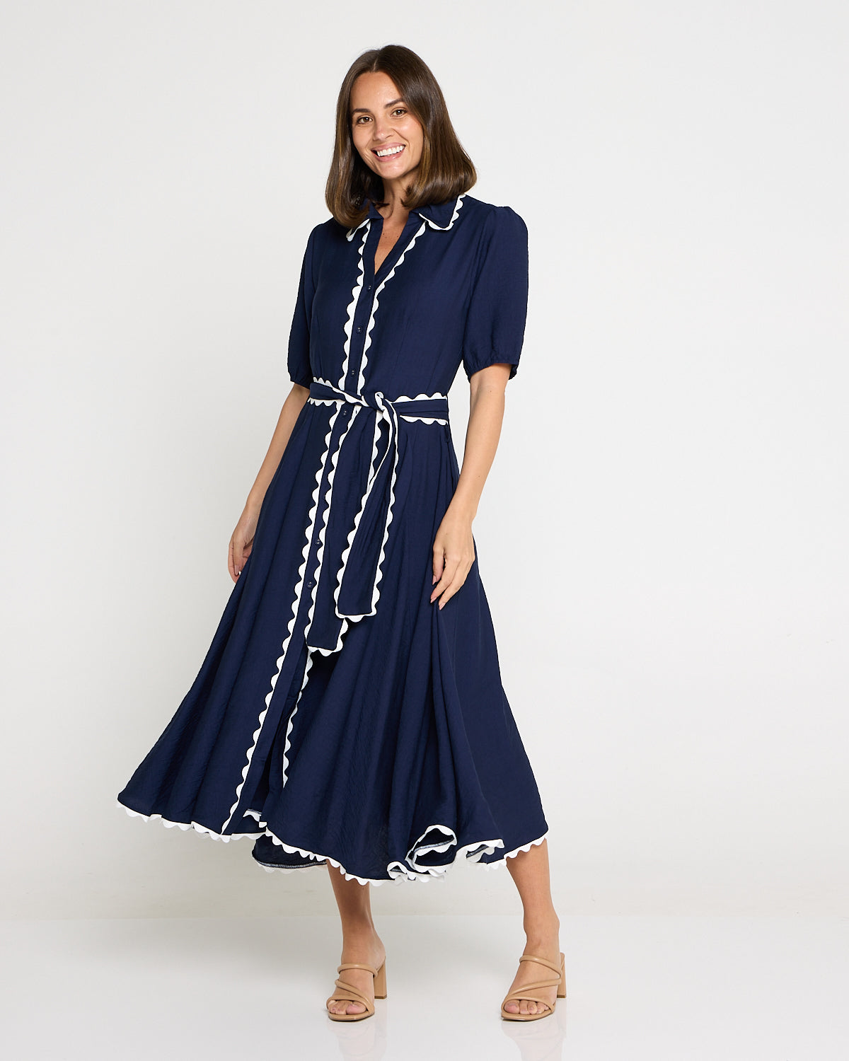 Indigo Designs Lowen Ric Rac Shirt Dress β Navy Midi β TULIO Fashion