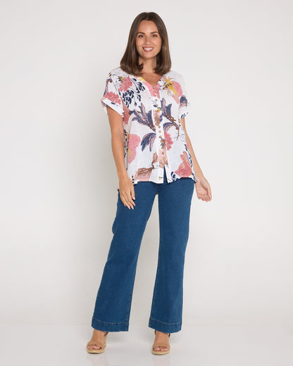 Gemma Linen & Cotton Top - White/Dusky Floral