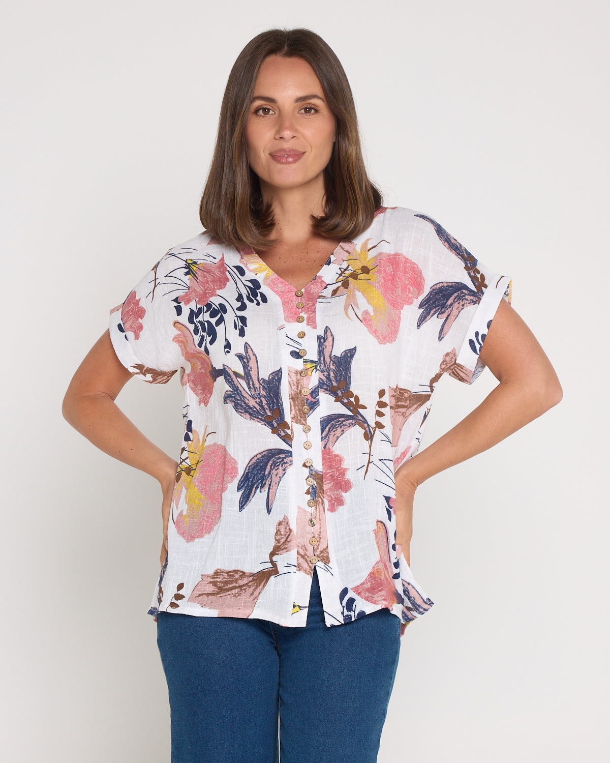Gemma Linen & Cotton Top - White/Dusky Floral