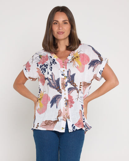Gemma Linen & Cotton Top - White/Dusky Floral