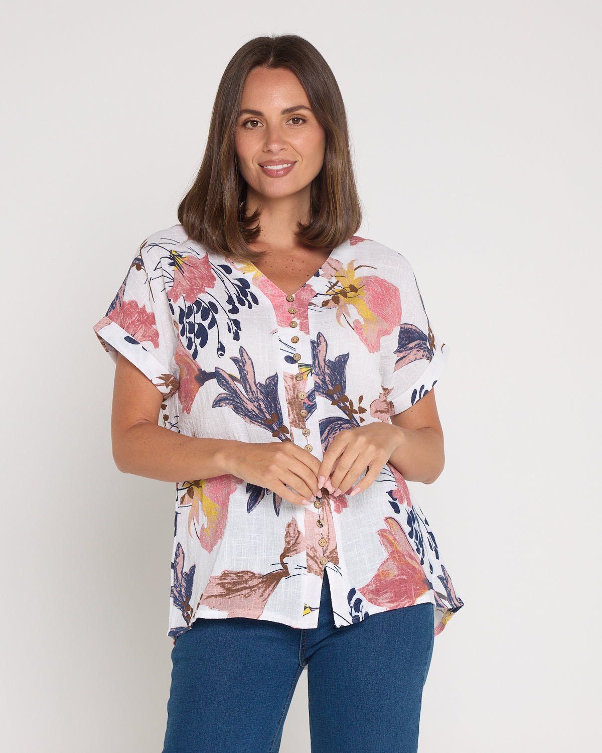 Gemma Linen & Cotton Top - White/Dusky Floral