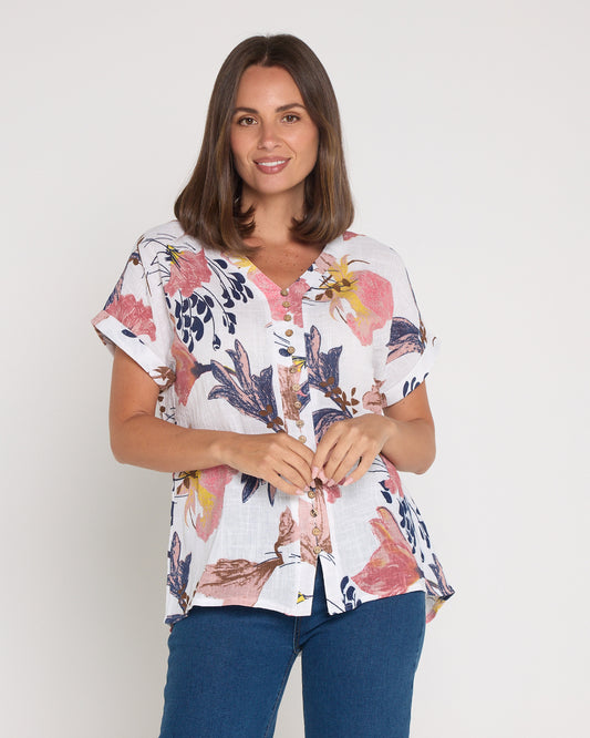 Gemma Linen & Cotton Top - White/Dusky Floral