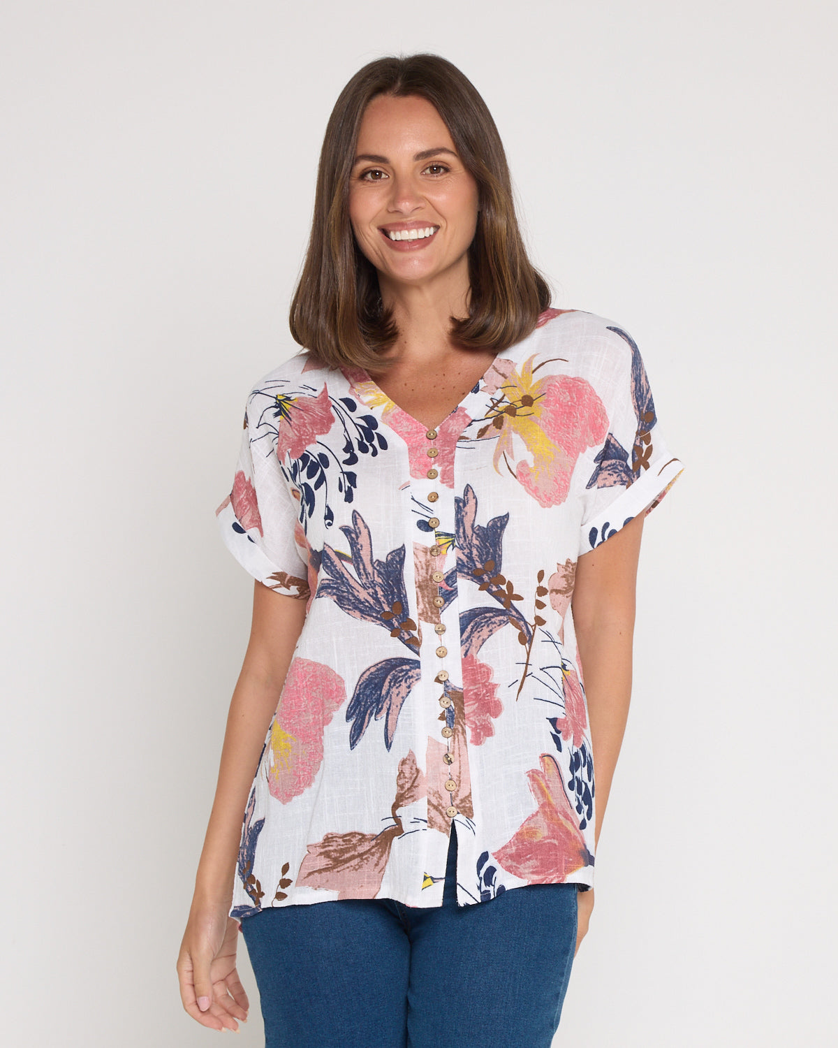 Gemma Linen & Cotton Top - White/Dusky Floral
