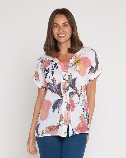 Gemma Linen & Cotton Top - White/Dusky Floral