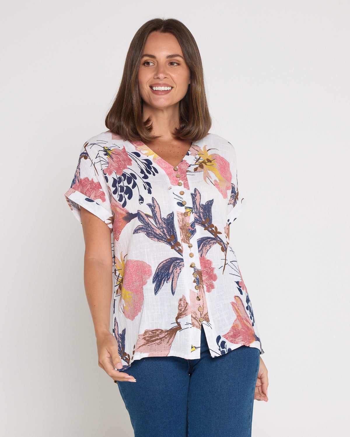 Gemma Linen & Cotton Top - White/Dusky Floral