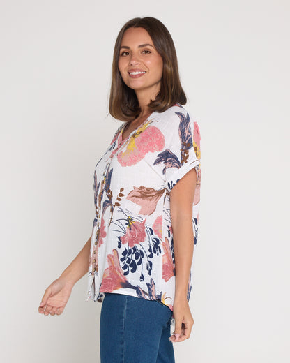 Gemma Linen & Cotton Top - White/Dusky Floral