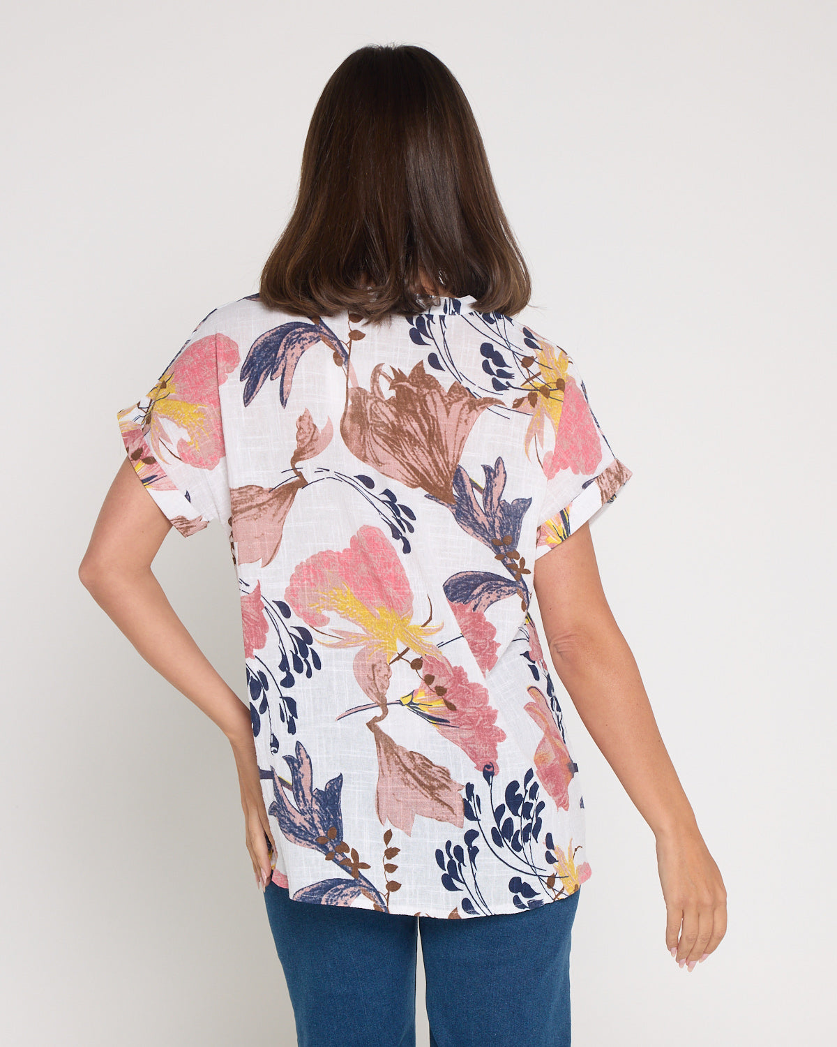 Gemma Linen & Cotton Top - White/Dusky Floral