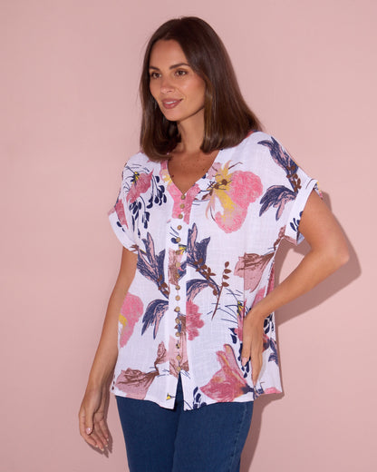 Gemma Linen & Cotton Top - White/Dusky Floral