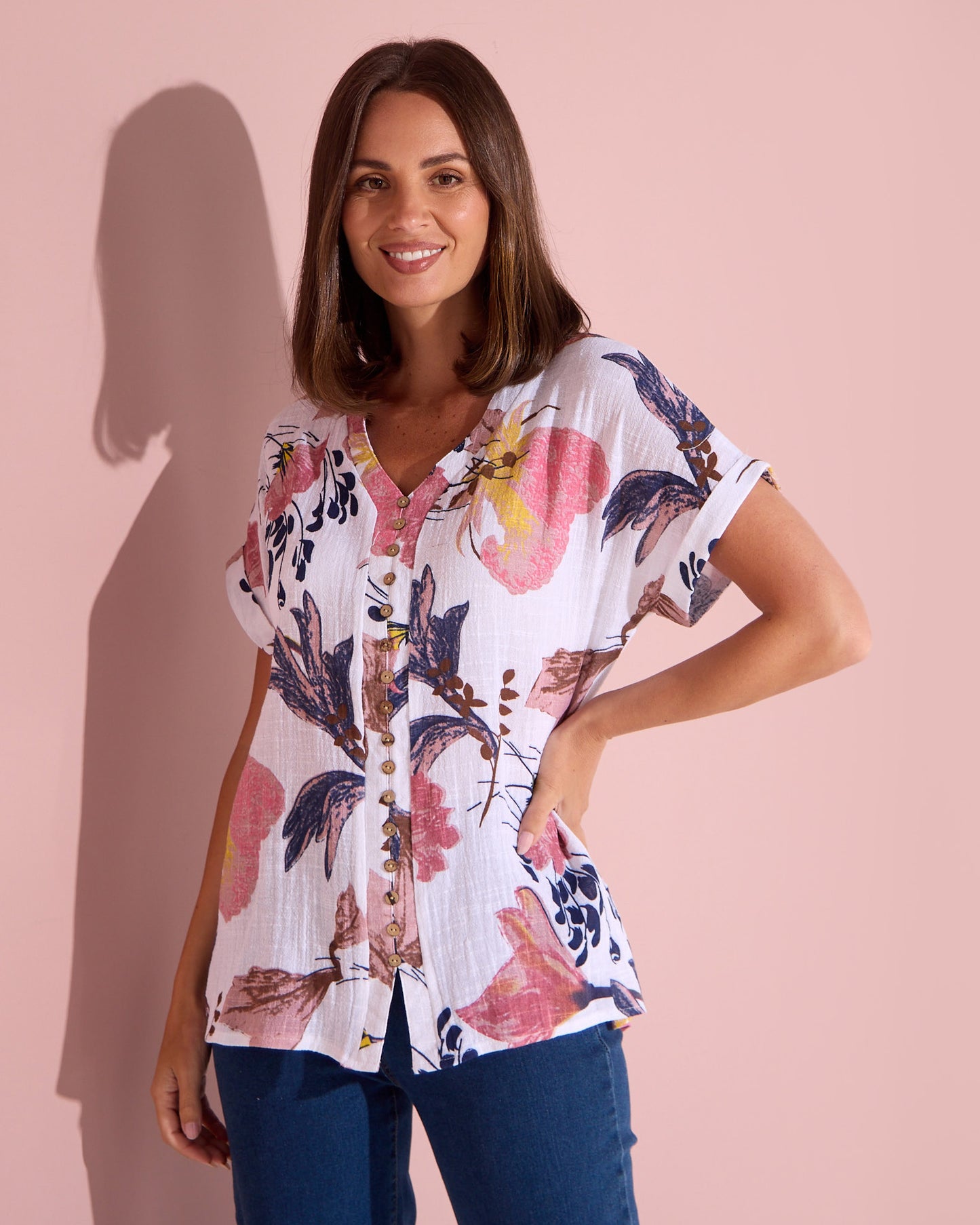 Gemma Linen & Cotton Top - White/Dusky Floral