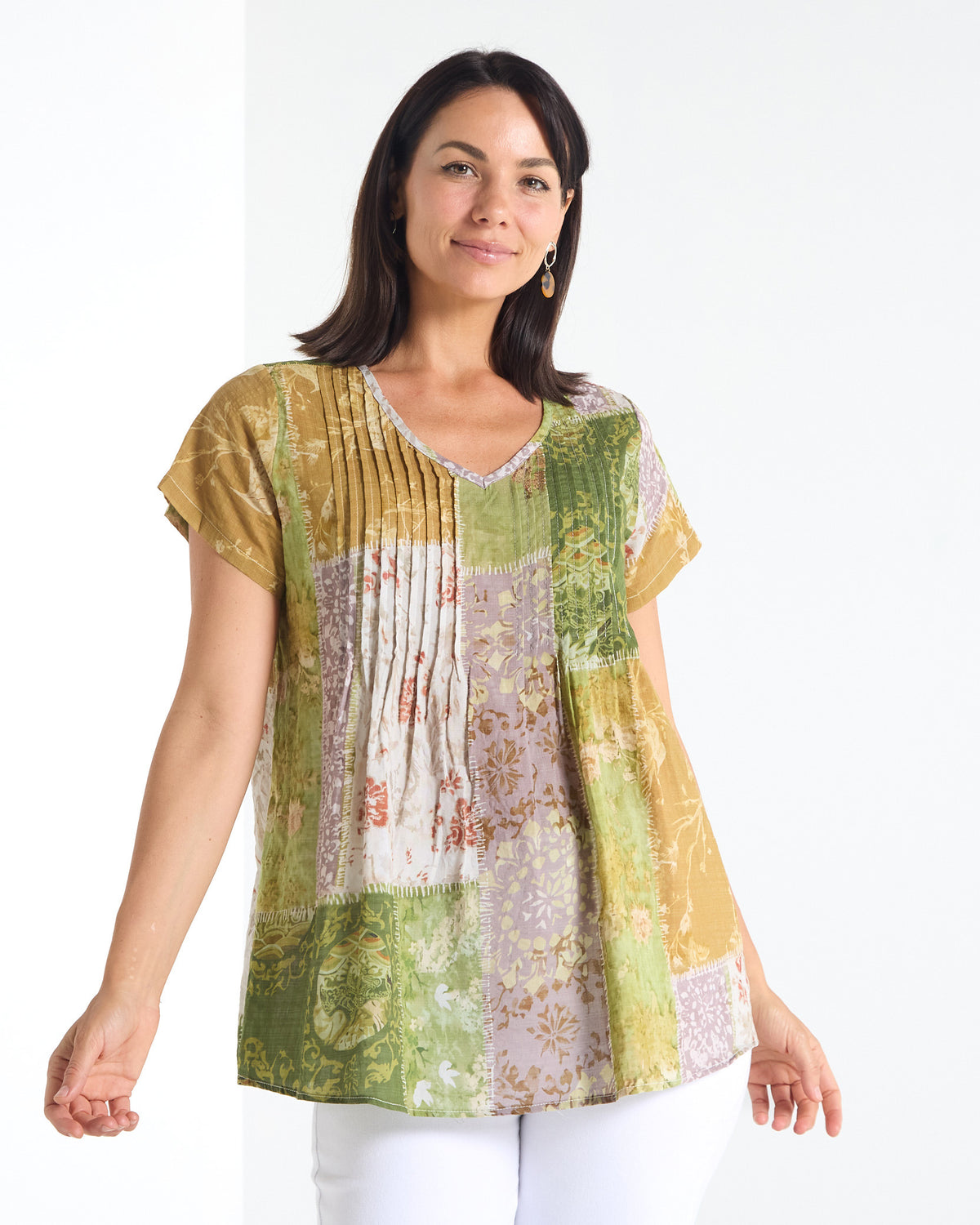 Carmody Cotton Pintuck Top - Sage Patchwork