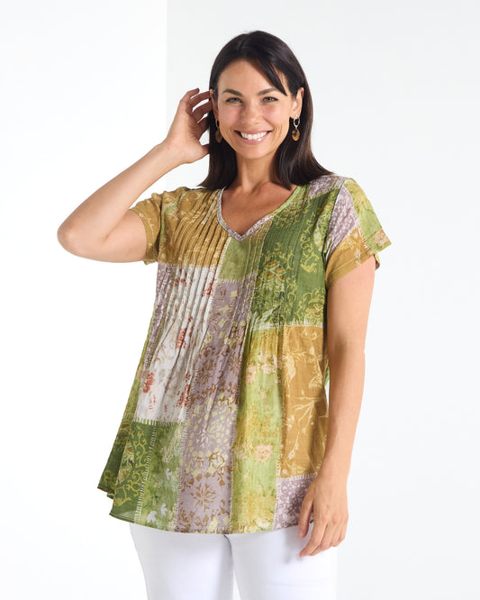Carmody Cotton Pintuck Top - Sage Patchwork