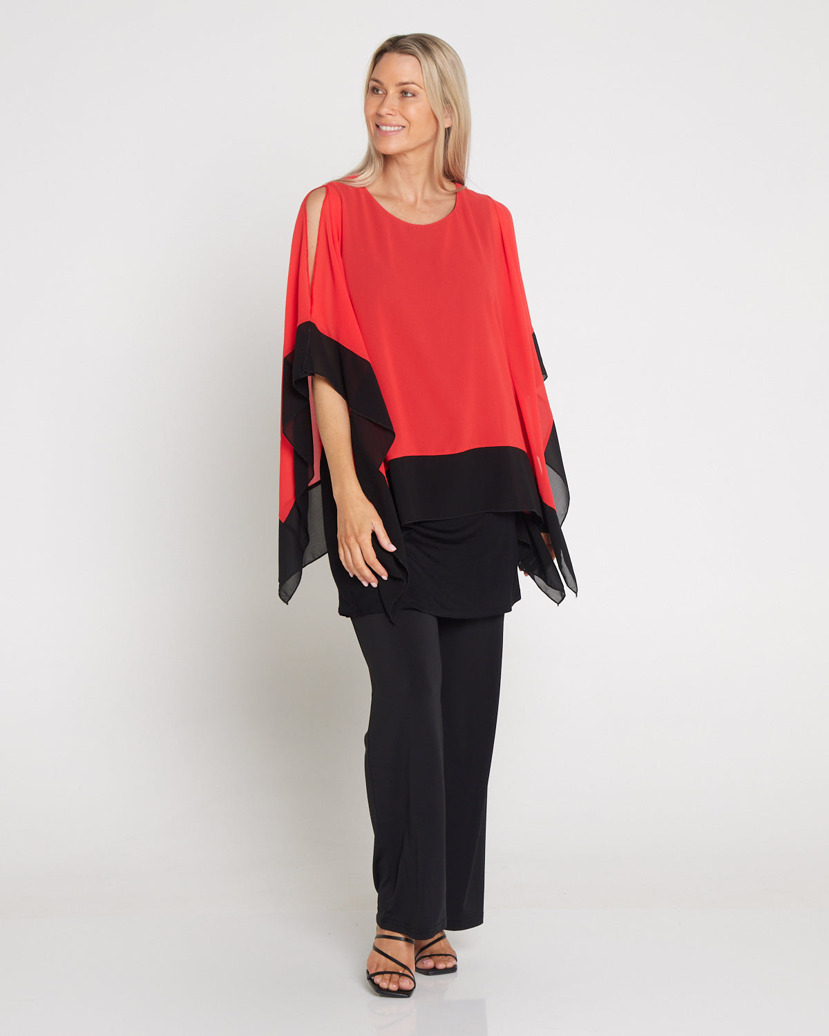 Gilliana Chiffon Kimono Top - Coral Red/Black