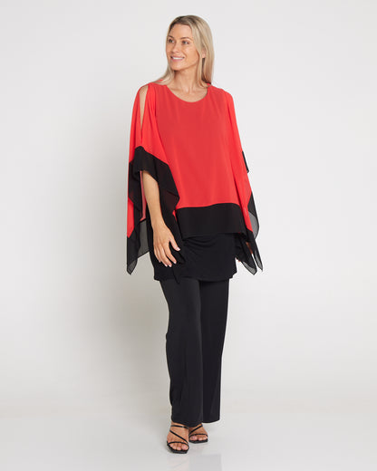 Gilliana Chiffon Kimono Top - Coral Red/Black