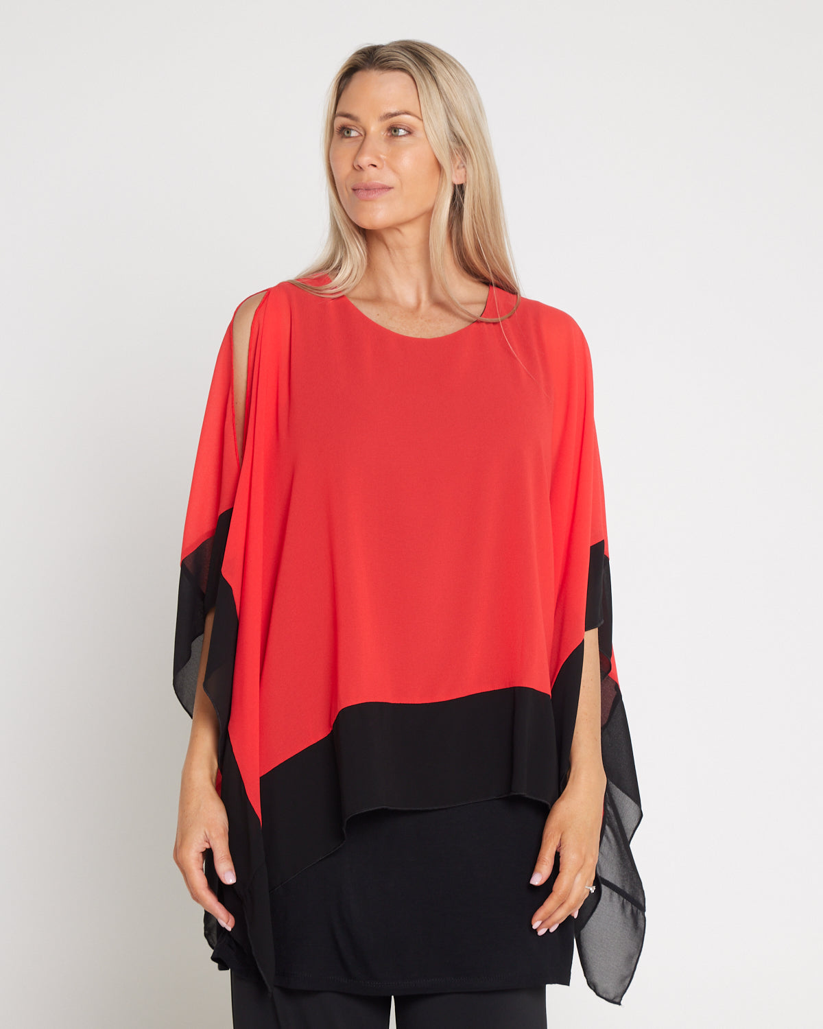 Gilliana Chiffon Kimono Top - Coral Red/Black
