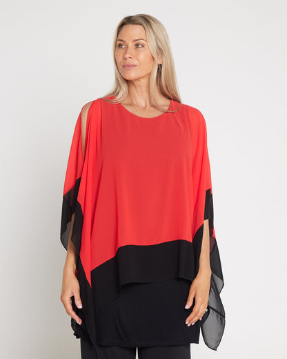 Gilliana Chiffon Kimono Top - Coral Red/Black
