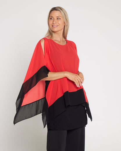 Gilliana Chiffon Kimono Top - Coral Red/Black
