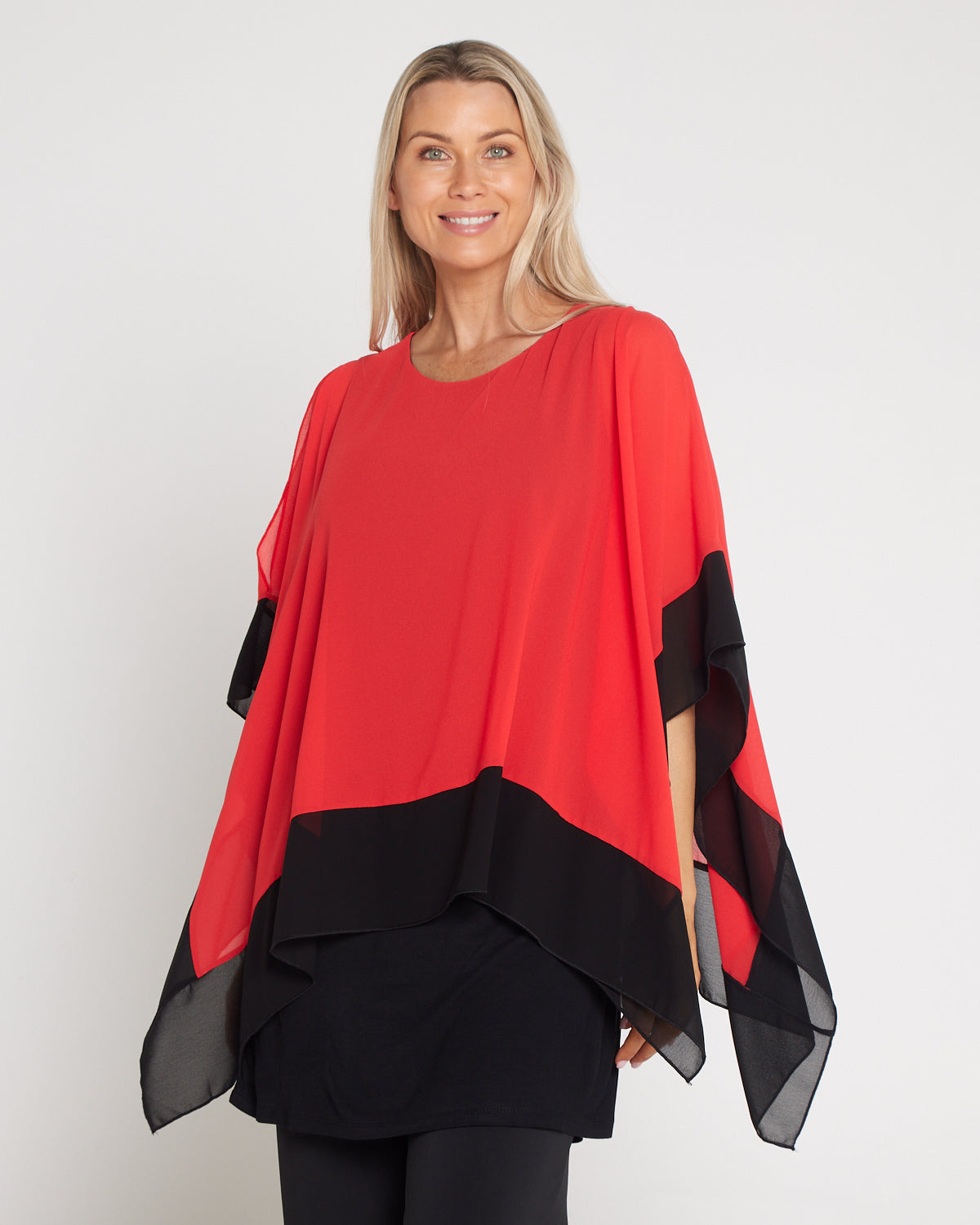 Gilliana Chiffon Kimono Top - Coral Red/Black
