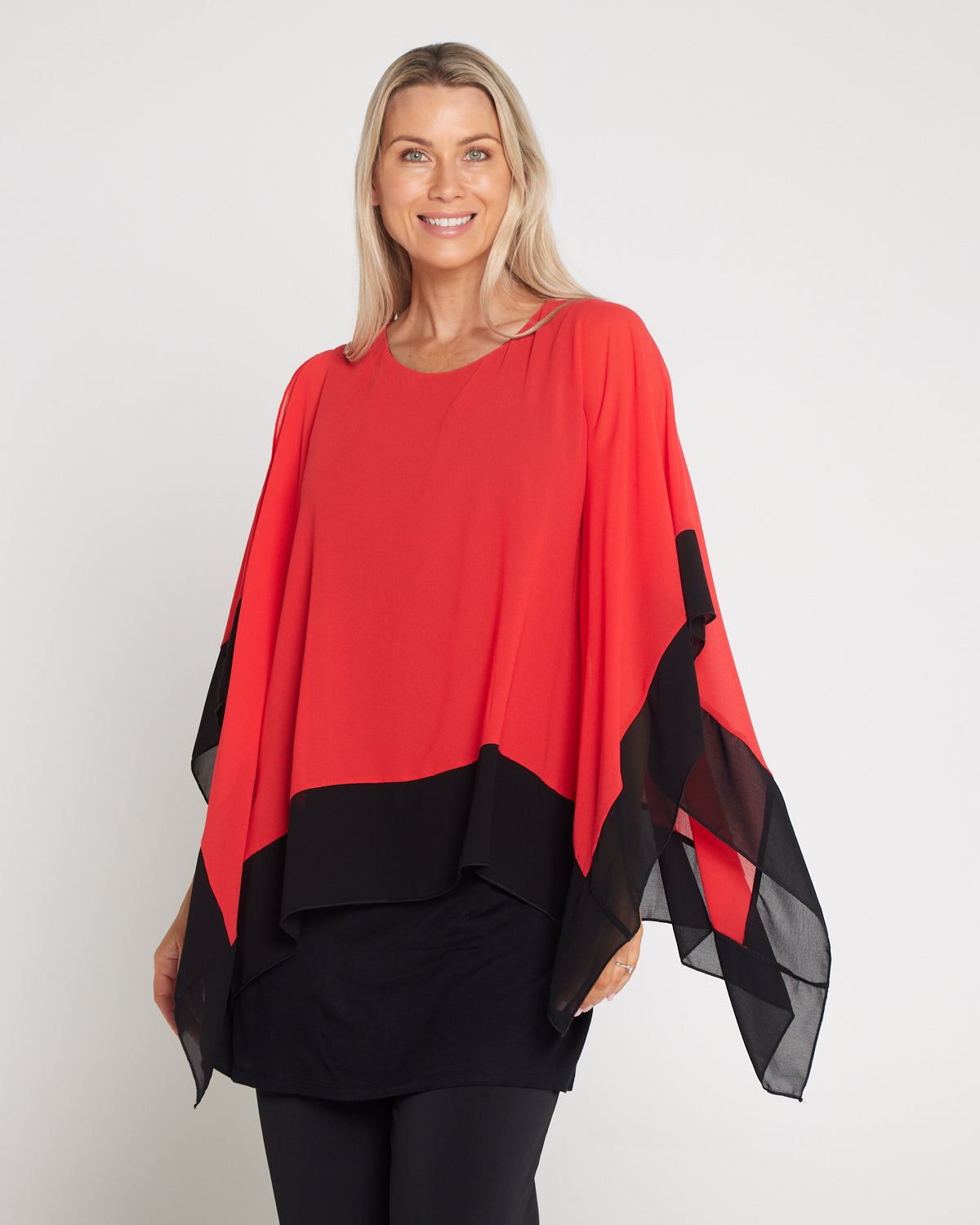 Gilliana Chiffon Kimono Top - Coral Red/Black
