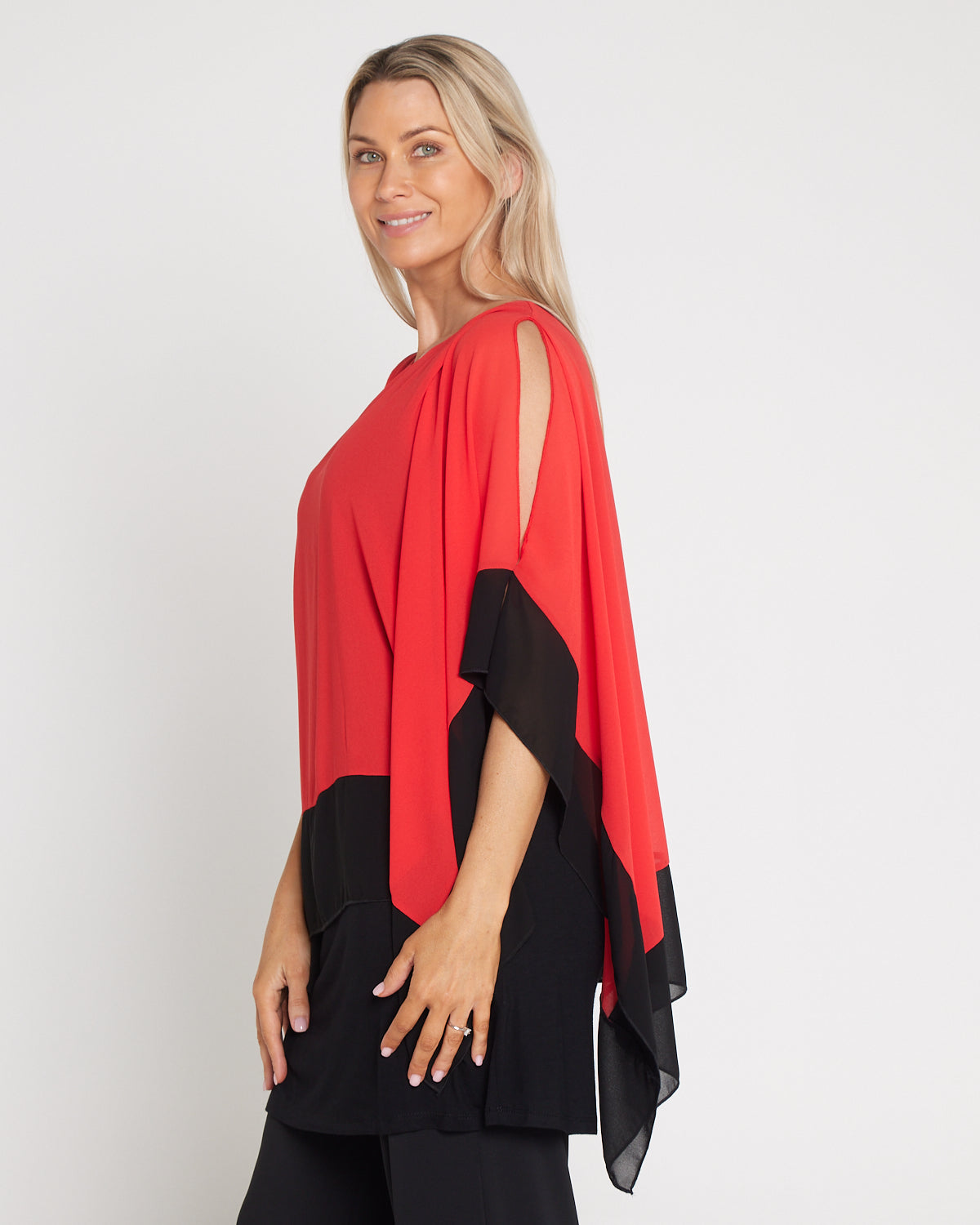 Gilliana Chiffon Kimono Top - Coral Red/Black