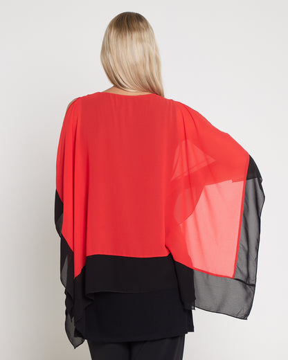 Gilliana Chiffon Kimono Top - Coral Red/Black