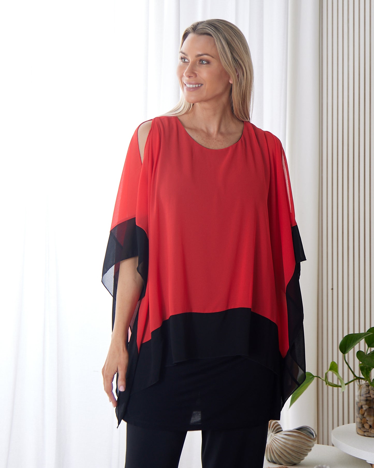 Gilliana Chiffon Kimono Top - Coral Red/Black