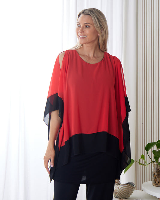 Gilliana Chiffon Kimono Top - Coral Red/Black