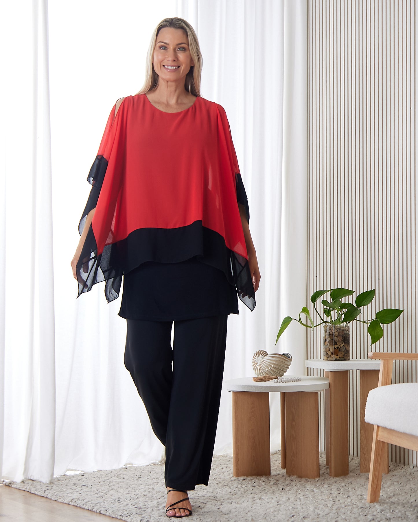 Gilliana Chiffon Kimono Top - Coral Red/Black