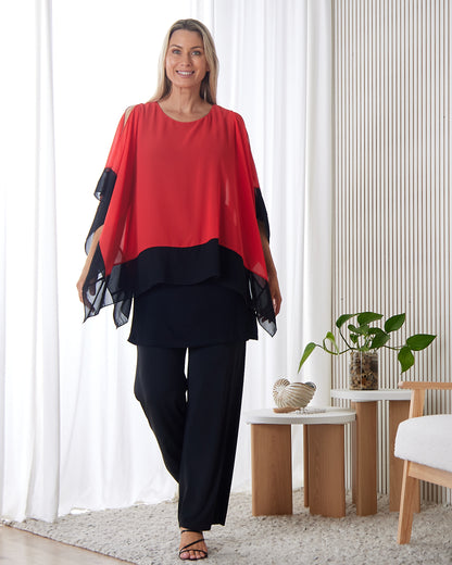 Gilliana Chiffon Kimono Top - Coral Red/Black