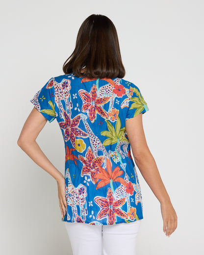 Kayla Cotton Short Sleeve Top - Giraffes Blue