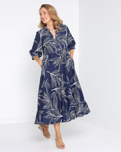 Melissa Dress - Navy Leaf