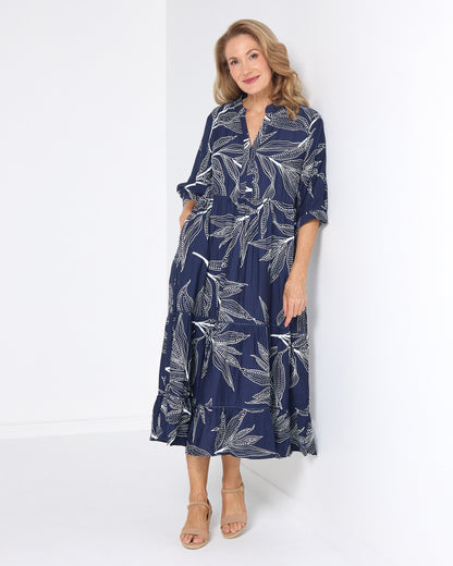 Melissa Dress - Navy Leaf