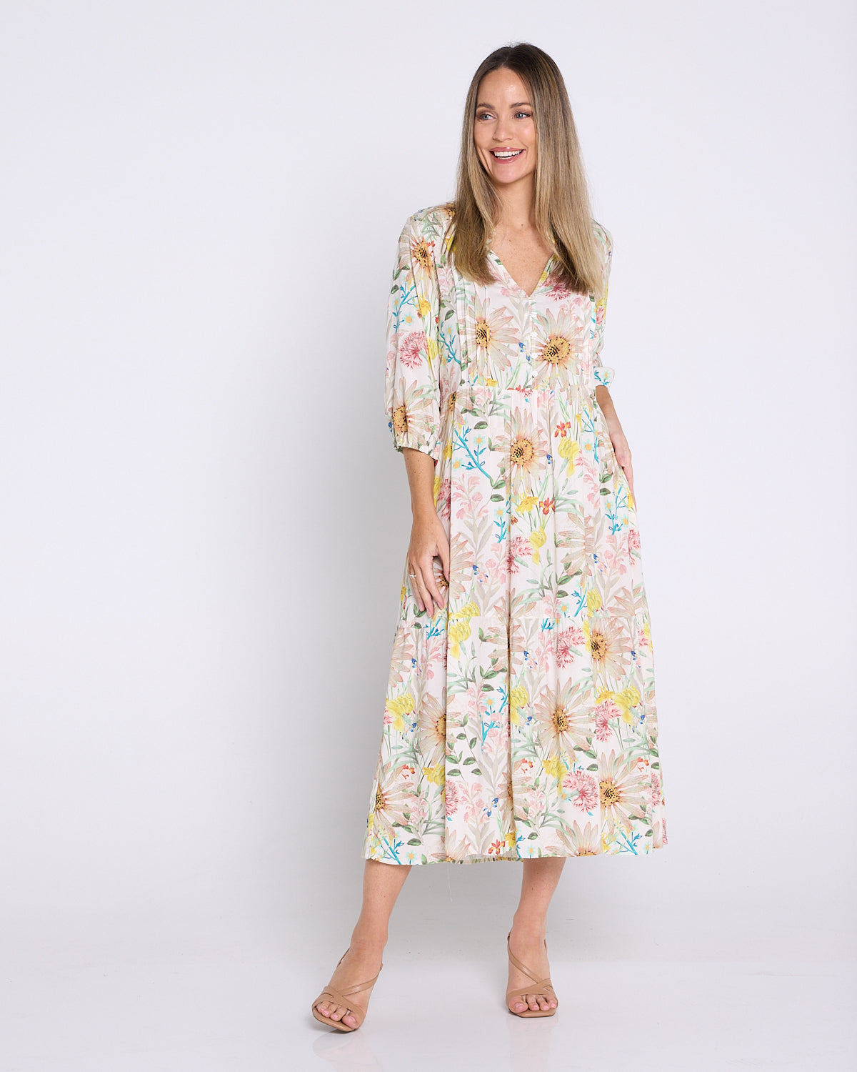 Gwendolyn Dress Peach Wildflowers | Rayon Midi Floral Dress – TULIO Fashion