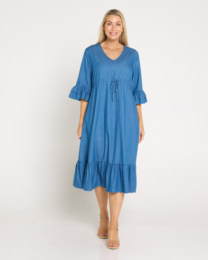 Hallie Chambray Midi Dress - Denim Blue