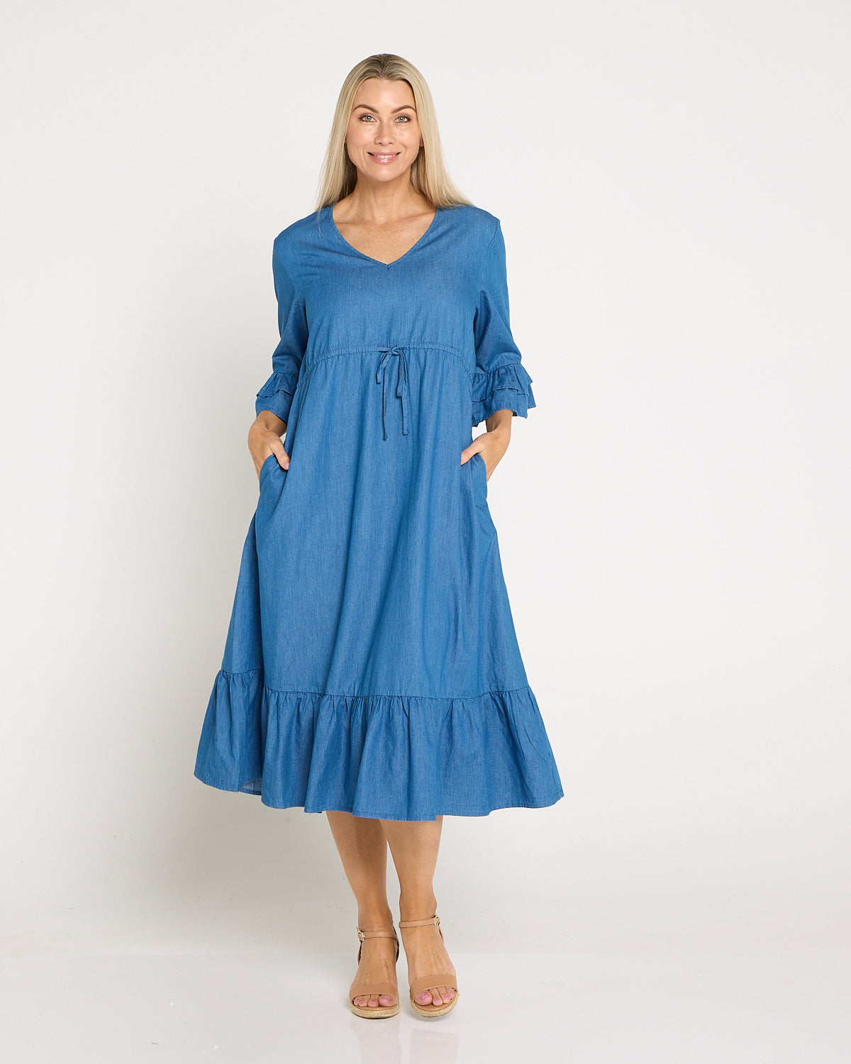 Hallie Chambray Midi Dress - Denim Blue