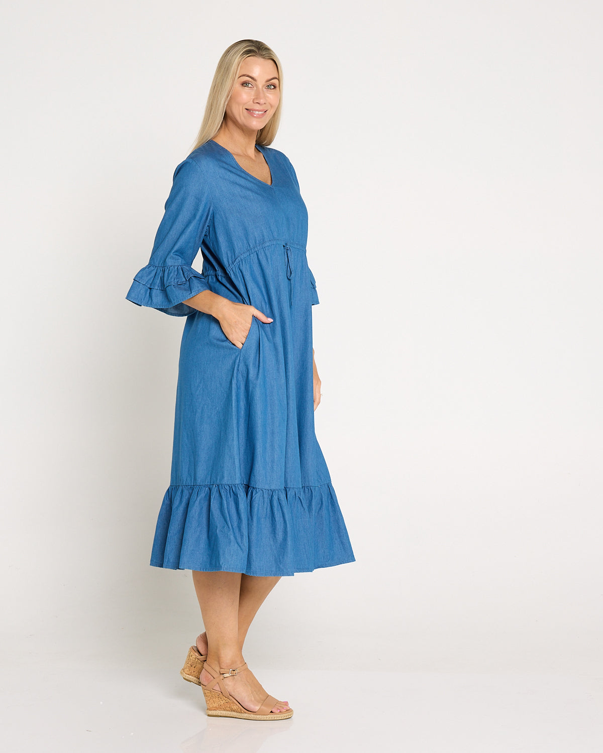 Hallie Chambray Midi Dress - Denim Blue
