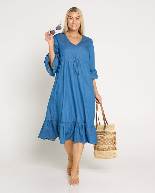 Hallie Chambray Midi Dress - Denim Blue