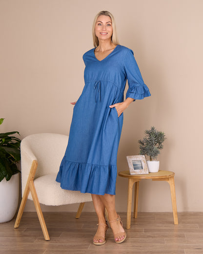 Hallie Chambray Midi Dress - Denim Blue