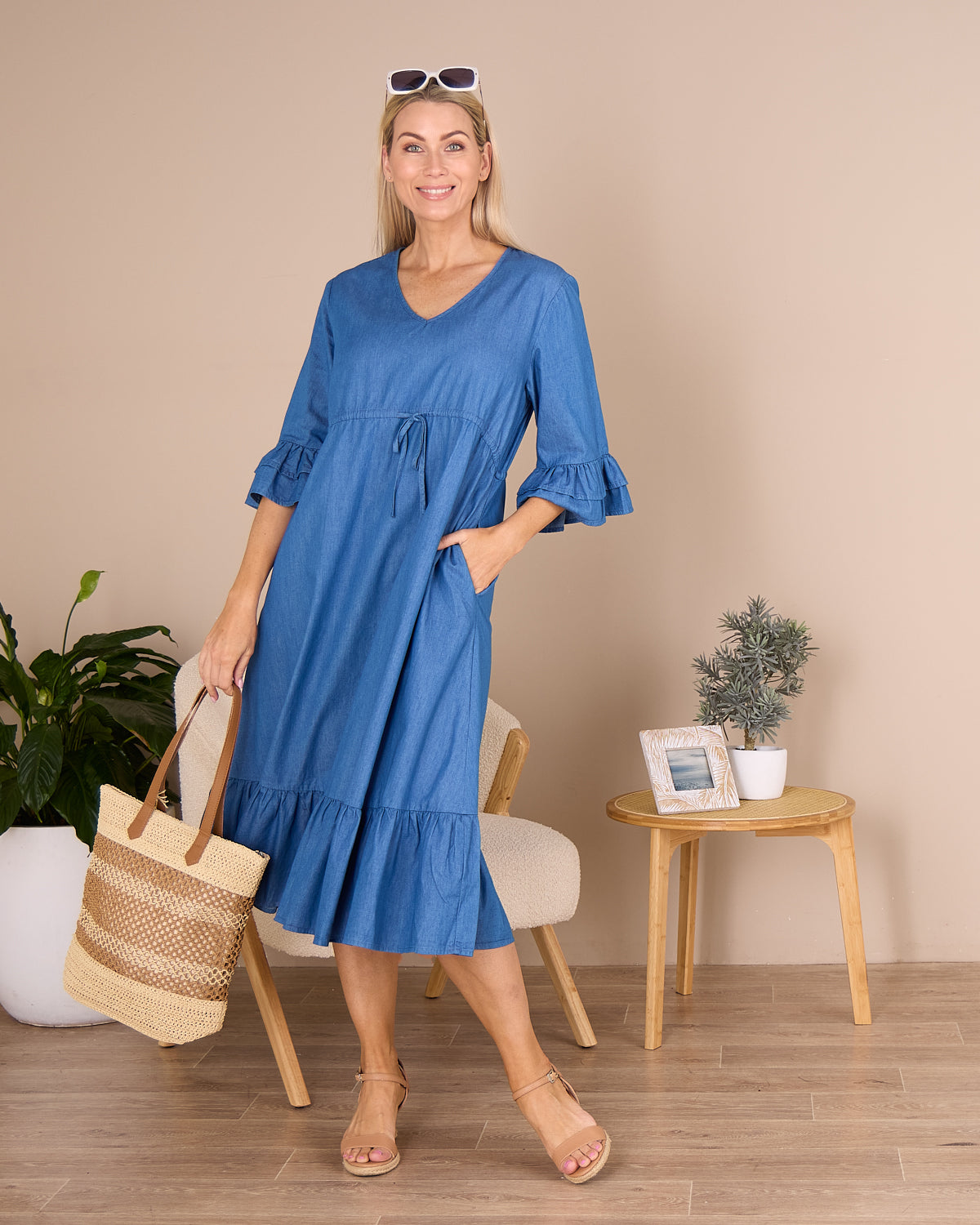 Hallie Chambray Midi Dress - Denim Blue