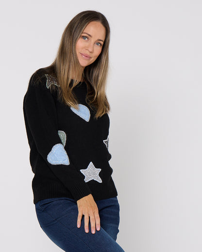 Brodie Applique Knit Crew Pullover - Black