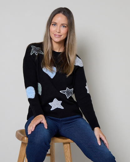 Brodie Applique Knit Crew Pullover - Black