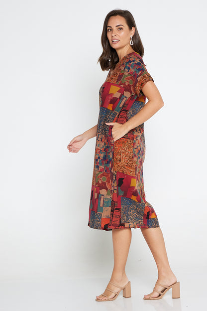 Esiteri Cotton Dress - Burgundy Collage
