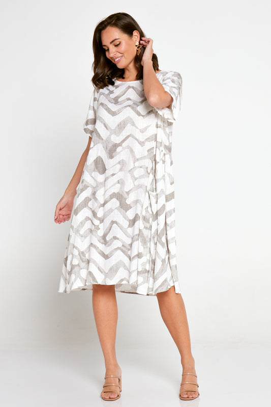Amayah Linen Dress - White/Brown Woodblock
