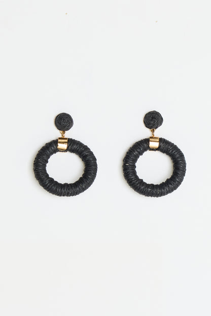 Raffia Stud Hoop Earrings - Black