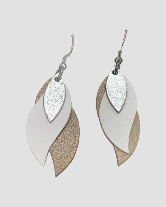 Clara Leather Leaf Earrings - Silver/White/Beige