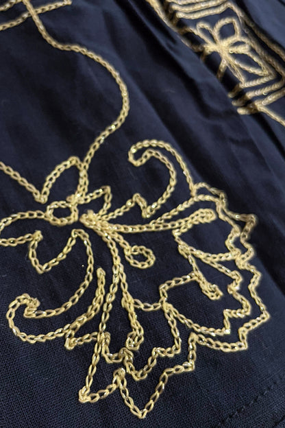 Mala Goldwork Cotton Dress - Navy